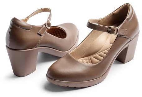 Cusolemore Mary Jane Heels with Arch Support, Closed Round Toe Chunky Pumps for Women, Comfortable Block Heel Dress Shoes, Brown Pu, 38 EU