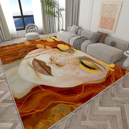 Wohnzimmer Teppiche 140 x 200 cm, Abstrakte Frau Goldene Blätter Bedruckter Teppich, Abstrakt Kurzflor Weicher Läufer für Schlafzimmer, Waschbare Läufer für Wohnzimmer, Flur, Küche