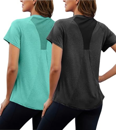 Nekosi Sportshirt Damen Kurzarm, Rundhals Back Mesh Sport Oberteile Damen, Elastisches leichtes atmungsaktives Funktionsshirt geeignet für Fitness Sports Lauf Yoga Weiß&hellgrün L