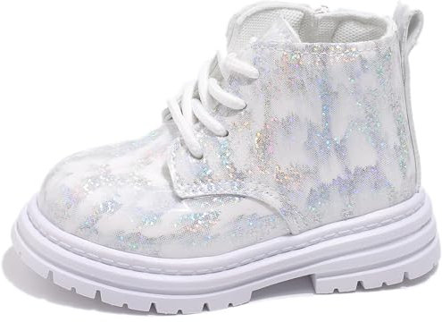 Happy Cherry Stivaletti Bambina Bambino Stivali Pelle Lucida Impermeabili Bimbo Bimba Eleganti Comode Scarpine Outdoor Suola Antiscivolo con Zip Laterale e Stringhe Bianco 21 EU