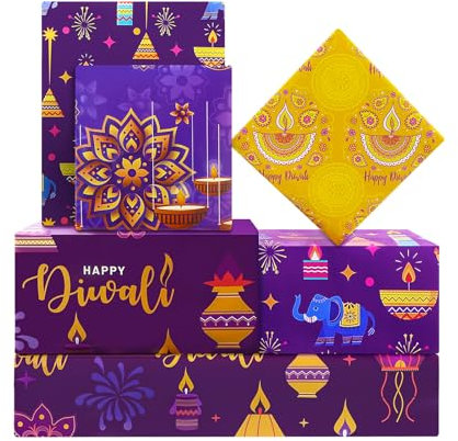 Diwali-Geschenkpapier, indische Lichter, Geschenkpapier, Deepavali, Pfau, Elefant, Blume, Öllampenmuster, Happy Diwali, Violett, Geschenkpapier für indische Feste, Diwali-Dekoration, 68 x 51 cm, 8