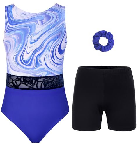 JOYSTREAM Gymnastikanzug für Mädchen, Erwachsene, Kinder, mit Shorts, Sportbekleidung, blauer Marmor, CM(7-8Years)