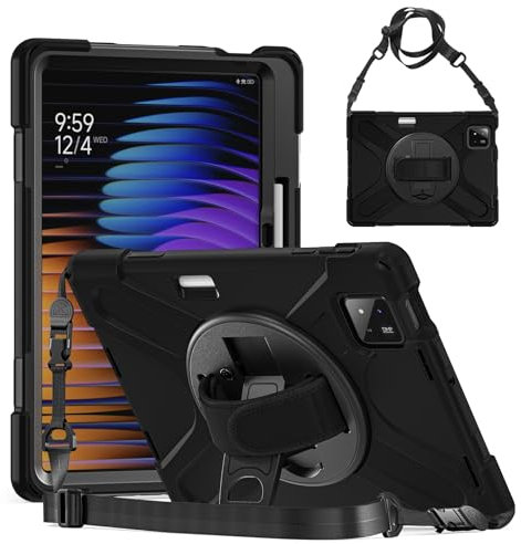 Gerutek Funda Anticaída para Xiaomi Pad 7/Xiaomi Pad 7 Pro 11.2 Pulgadas 2024, Carcasa Rugosa con Soporte Giratorio, Correa de Mano/Hombro, Portalápiz, Funda Resistente para Xiaomi Pad 7 11.2, Negro
