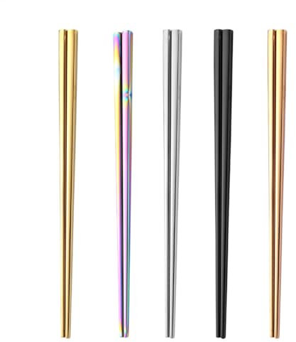 Baguettes en Acier Inoxydable - Baguettes en Titane 5 Paires | Vaisselle en métal antidérapante lavable au lave-vaisselle | Baguettes antidérapantes | Baguettes chinoises japonaises coréennes carrées