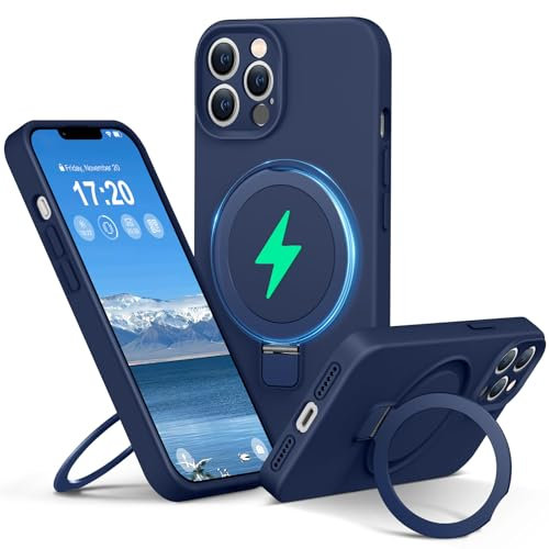 PuyaTeya Liquid Silicone Coque pour iPhone 12 Pro with Magnetic Ring Stand, Upgraded Camera Protection Mil-Grade Drop Shockproof Soft Anti-Scratch Microfiber Lining Silicone Coque(Bleu Marine)