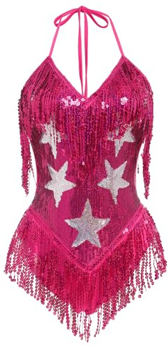FYMNSI Damen-Body mit glitzernden Pailletten, rückenfrei, V-Ausschnitt, Einteiler, Glitzer-Fransenquaste, Jumpsuit, Musikfestival, Rave-Tanz-Outfit, hot pink, S
