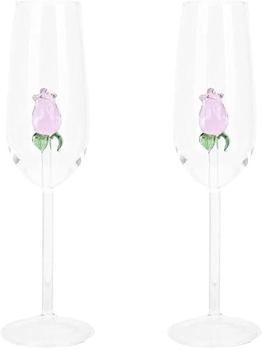 Niltracy Rose Wine Glasses Set of 2, Red Wine Glass with Rose Inside, Crystal Flute Rose Flower Goblet Cocktail Cup for Party Wedding Festival Celebration (7.86X2.36in)