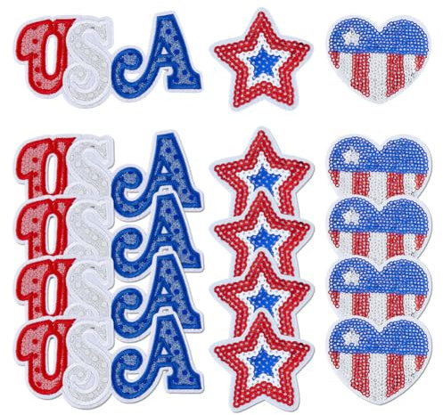 SUPERFINDINGS 15Pcs 3 Styles USA Sequins Patches Patriotic Iron on Stars Red White Blue Sequin Patches Fashion DIY Applique Decorative Patch Set for Clothes Jacket