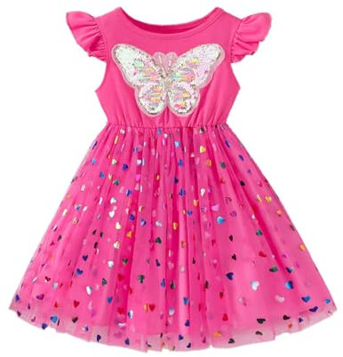 LUVCES Robe de Princesse Fille Manche Longue/Courte à Volants Robe Tutu pour Fête d'anniversaire Paillettes Tulle Robe pour Petites Filles Tenue sans Manches à Paillettes Roses 5-6 Ans