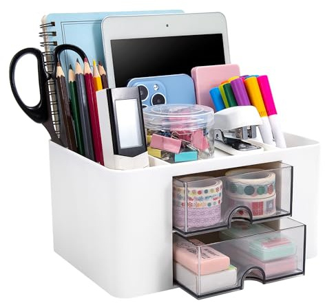Jesustree Schreibtisch Organizer mit Schubladen und Fächer, Plastik Bürobedarf Organizer Stifthalter Desktop Organizer Make-Up Aufbewahrungsbox für Büro Schule Zuhause (Weiß)