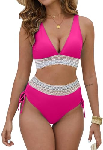 Joligiao Maillots de Bain Femme Deux Pièces Taille Haute Ensemble de Bikini avec Contrôle du Ventre Gainant Bikini Set Push Up Rembourré Hauts de Bikini Col en V Maillot de Bain(Rose Chaud,L)