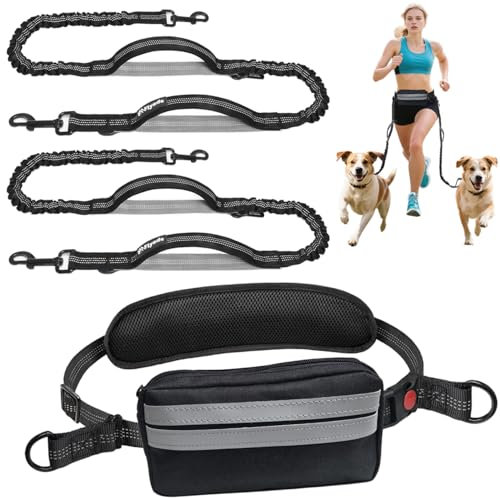 Laisse Mains Libres pour Chiens, Fiyade Jogging 2 Chiens Laisse de Course avec Ceinture, Sac Banane détachable, Entraînement Laisse Chien de Taille Moyenne et Grande