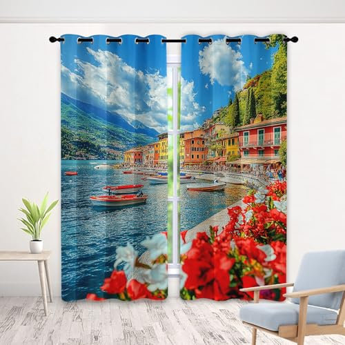 Generisch Vorhänge Blickdicht Italien Landschaft, Gardinen mit Ösen, Vorhang Toskana Küstenstadt für Schlafzimmer Wohnzimmer Thermovorhang Dekoration Curtains 280 x 260cm (H x B) s1YU&Q-16
