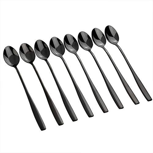 Teyyvn Set of 8 Stainless Steel Long Handle Teaspoons, 19 cm / 7.48 inch Stainless Steel Latte Spoons, Black