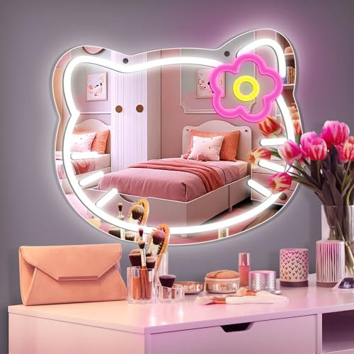 Hello Kit Kosmetikspiegel mit Neonschild, 38,1 x 32 cm, Hello Kit Stuff LED-Spiegel mit rosa Blume, verstellbare Helligkeit, USB-betrieben, Wanddekoration, Make-up-Spiegel, Mädchen-Geschenk für