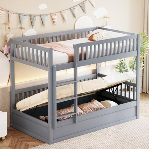 NNJN 90 x 200 cm, letto a castello per bambini, in legno massiccio, sistema di stoccaggio idraulico, robusto e durevole letto con contenitore per bambini (grigio Type1)