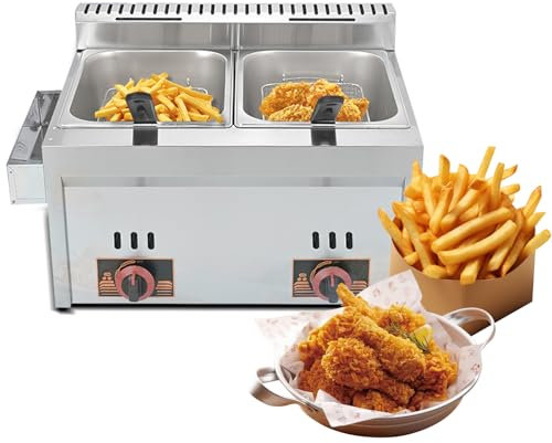 Gas-Fritteuse 8L, Doppel-Fritteuse, 2500 W, Öl-Fritteuse mit Abdeckung, Edelstahl Fritteuse mit 2 Pommes Körbchen, für Restaurants, Cafés, Imbissstuben
