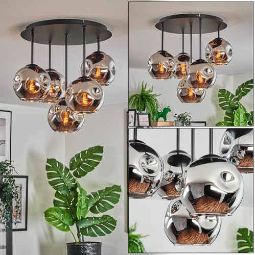 HOFSTEIN Deckenleuchte Ripoll, 5-flammige Deckenlampe aus Metall/Glas in Schwarz/Chrom-/Rauchfarben, moderne Leuchte im Retro/Vintage-Design (Schirme Ø 15 cm), E14, Esszimmer, Wohnzimmer, Schlafzimmer