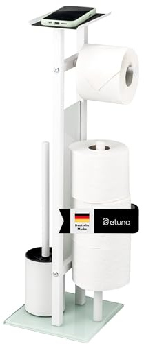 eluno Stand-WC-Garnitur 4in1, freistehende Toilettengarnitur inklusive WC-Bürste, 2 Ersatzbürstenköpfe, (Ersatz-) Rollenhalter für 3 Rollen und Ablage, aus rostfreiem Edelstahl und Glas (Weiß)