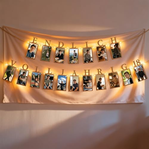 TUZELITY Deko 18. Geburtstag Junge & Mädchen Fotogirlande - Meilenstein 18. Geburtstagsdeko Fotos von 18 Jahren einfügen - ENDLICH VOLLJÄHRIG 18 Girlande mit LED-Lichterkette für Geburtstagsparty