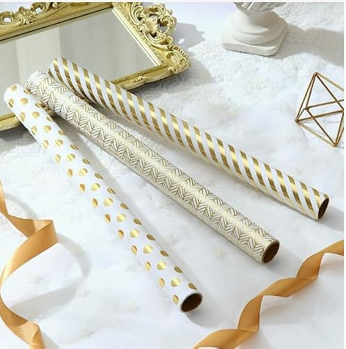 MFUSUL Geschenkpapier Set 5 Rollen, 43cm x 3m Geschenkpapier Geburtstag, Schwarz Gold, Geschenkpapierrolle mit Schleifenband Gold und Doppelseitiges Klebeband für Kindergeburtstag, Hochzeit