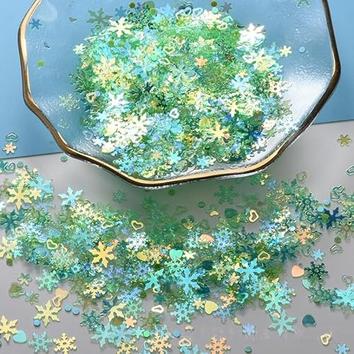 WANYI 30g Pailletten Schneeflocken Deko Konfetti Herzförmig Schneeflocken Glitzer Streudeko für Nagelsticker, DIY Bastelarbeiten Tischdeko Party Dekorationen(Grün)