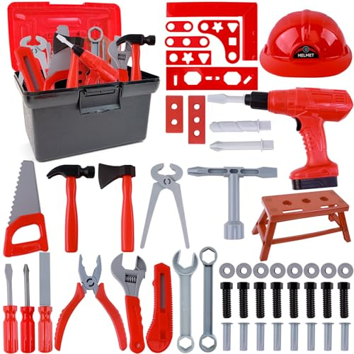 Morofme Werkzeugkoffer 52 Stück, Werkzeug Set mit Bohrmaschine, Arbeitskappe, Hammer, Schraubenschlüssel, Säge Montessori Spielzeug für Lernen Geburtstag Party Geschenk