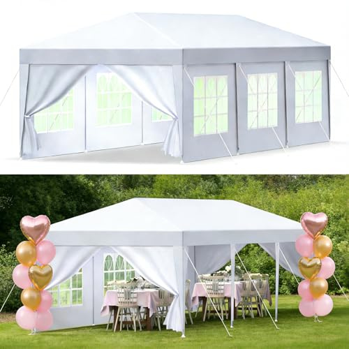 Ferzone Pavillon 3x9M mit 8 Seitenteilen, Gartenpavillon Wasserdicht Stabil Winterfest mit Fenstern, Partyzelt UV Schutz 50+ mit Bodenstift&Windseil für Hochzeit Festival, Weiß