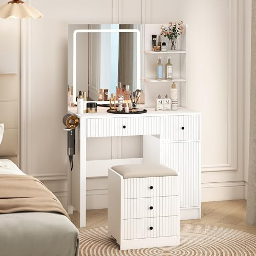 Gryalzes Fluted Dressing Table with 3-Colour Led Lights, Vanity Desk with Plug, Makeup Desk with 5 Drawers and 5 Shelves, Stool and Hairdryer Holder, Modern Bedroom Furniture, 90 cm Desktop (White)