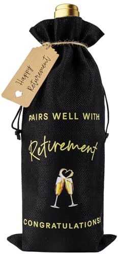 Retirement Wine Bottle Gift Bag, Black Gold Linen Bottle Bag with Tag, Reusable Retirement Gifts for Men, Women, Colleagues and Coworkers
