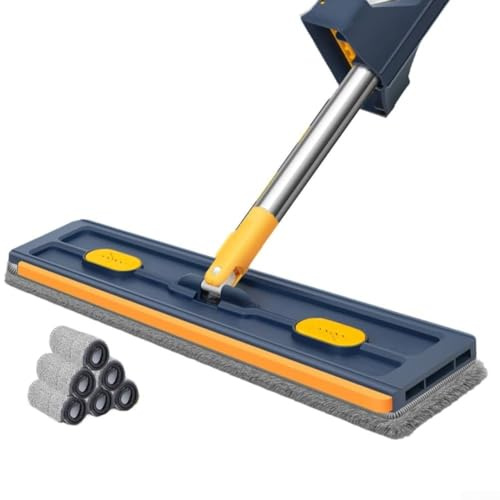 Grande mocio piatto con testa rotante a 360 gradi e manico regolabile in acciaio inox per una pulizia efficiente di piastrelle, pavimenti in legno e finestre a casa (scatola con blu scuro)