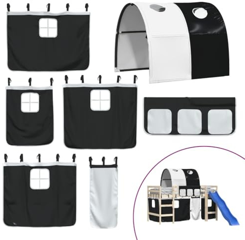 Vorhänge für Hochbett mit Tunnel Weiß Schwarz Polyester, 100% Polyester Material, 6-teiliges Set mit Aufbewahrungstaschen, passend für Kinderzimmer, sicherer Rausfallschutz