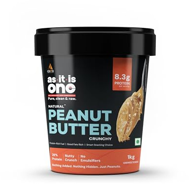 AS-IT-IS Nutrition Peanut Butter Crunchy (Natural and Unsweetened) 100% Plant-based Dairy-free Zero Transfats, Zero Cholesterol Made of Fresh, Roasted Peanuts 1 Kg