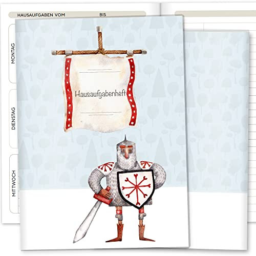 OLGS Hausaufgabenheft Hülle Ritter und Drachen inkl. Heft Schulheft Schutzhülle Umschlag Geschenkidee Einschulung Grundschule (ohne Personalisierung, Ritter Ludwig)
