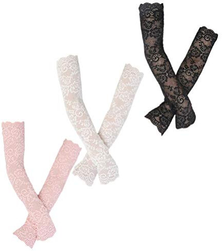 Amosfun 3 Pairs Women Girls Summer UV Protection Arm Sleeves Crochet Flowers Lace Warmer Jacquard Scar Cover Long Fingerless Driving Gloves