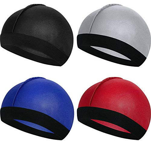 Geyoga 4 Pcs Kids Satin Wave Caps Elastic,Black, Silver, Blue, Red