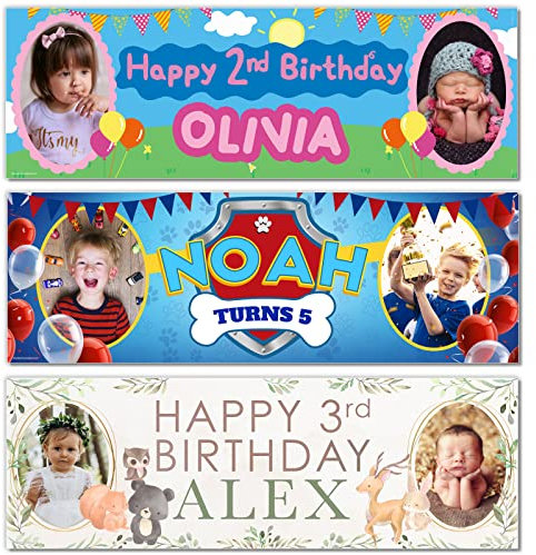 2 x 3FT Small Banner | Personalised Happy Birthday Photo Banners | Personalised Banners Birthday | Birthday Banners for Girls | Birthday Banners for Boys | Kids Party Decorations | Paw Blue