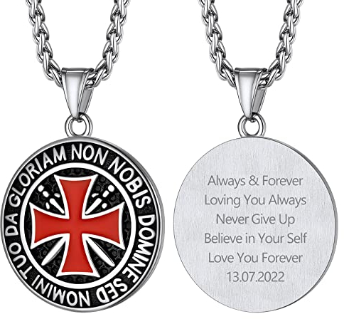 Richsteel Collier Chevaliers Templiers Pendentif Médaillon Rond Personnalisable Motif de Croix des Templiers Chaîne Corde 55+5CM Argent