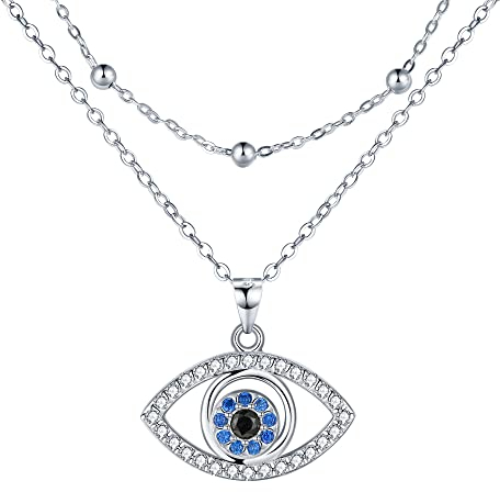 Lydreewam Nazar Auge Kette für Damen 925 Sterling Silber Böse Blick Doppel Layered Halskette mit Kugeln und Zirkonia Valentinstag Muttertag Geburtstag Geschenk, verstellbar 40+5cm