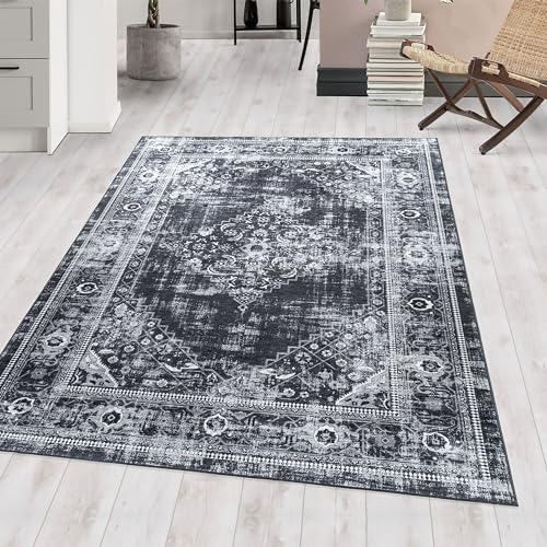 Waschbarer Teppich Flachgewebe Robust Modernes Design Vintage Optik rutschfest Teppich Wohnzimmer, Farbe: Schwarz, Größe: 160 x 230 cm