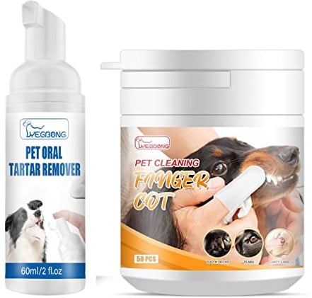 Dog Breath Freshener & Teeth Cleaning Pads Kit, Dental Care Kit for Dog & Cat - Pet Oral Care Spray with Finger Toothbrush Wipes for Dogs Tartar and Plaque Remover for Pets Gum & Teeth Health