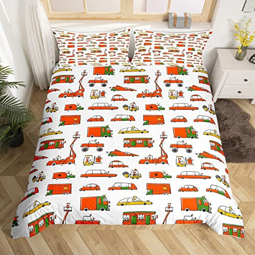 Homewish Feuerwehrauto Bett Set Cartoon Truck Bettbezug,Rote Polizei Auto Bettwäsche 135x200 Krankenwagen Abdeckung,Gelbe Traktor Bett Abdeckung Kinder Schlafzimmer Dekor (Reißverschluss Verschluss)