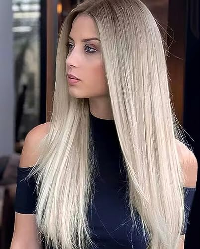 PORSMEER Ombre Blond Perück Lang Glatt Gerade Perücken mit Spitze Mittelscheitel für Frauen/Mädchen Natürliche kunsthaar Braun Mix BlondPerücke für den Alltag oder Kostüm