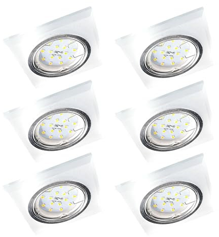 Trango 6er Set 6729(S)-06MOSD *CRYSTAL* Deckenstrahler aus satiniertem Glas inkl. 6x 3-Stufen dimmbar Ultra Flach LED Modul, 3000K warmweiß Einbauleuchte, Einbauspot, Deckenleuchte, Einbaustrahler