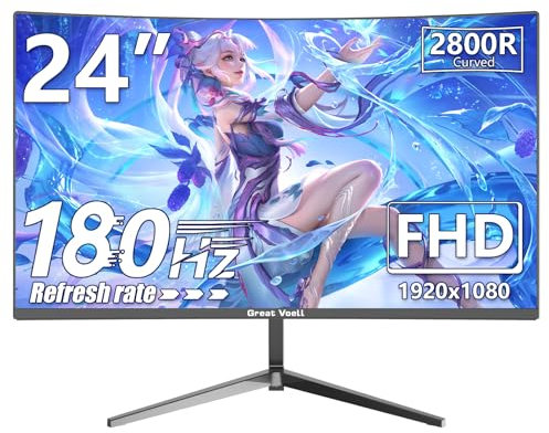 Great voell 24-Inch Curved Gaming Monitor, 180Hz Refresh Rate, 1ms Response Time, 130% sRGB, FHD 1080P, HDR, FreeSync, 300 cd/m² VA Panel, Frameless Design, Built-in Speakers, HDMI 1.4 & DP 1.2 Ports