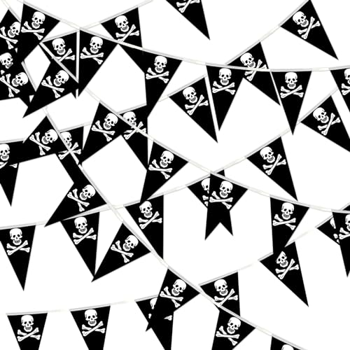 MARFOREVER Wimplekette Pirat, 4 Stück/10 M Girlande Schwarz Piratenflagge Fahne mit Totenkopfdesign Halloween Dreieckige Flaggen für Halloween Geburtstag Party Piratenparty Dekoration Pirate Kostüm