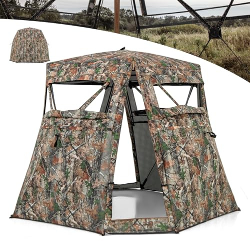 GYMAX Abri de Chasse Camouflage à Vision 360° pour 2-3 Personnes | Cache de Chasse Pop-Up avec 4 Ouvertures et 4 Fenêtres, Installation et Démontage Faciles, Sac de Transport