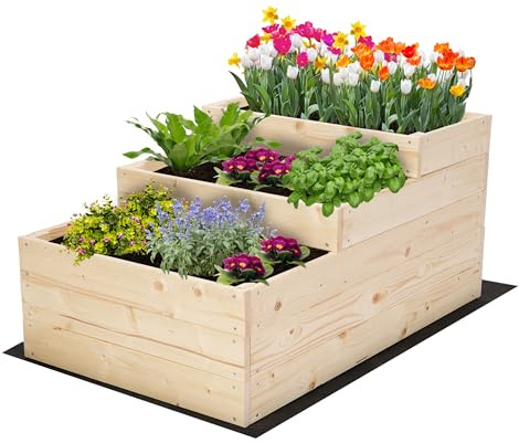 MODO24 Hochbeet Holz, 3-stufiger, Blumenkasten 45x60x93 cm, Natur | Komplettes Anzuchtset inkl. Schrauben, Dekoratives Gemüsebeet, Kräuterbeet & Blumenkasten für Garten und Terrasse