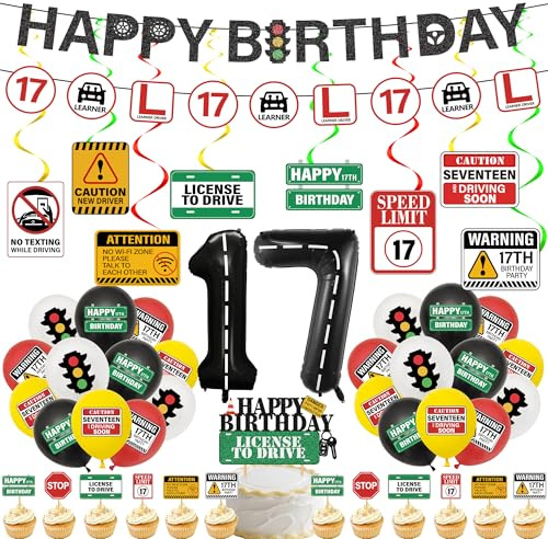 Learner Driver Gifts 17th Birthday - 49 Pcs Learner Driving Banner, Hanging Swirls and Balloons 17th Driver License Car Road Signs Theme Party Supplies for 17 Year Old Birthday Decorations