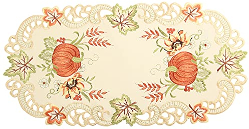 Quinnyshop Kürbis und Sonnenblume Stickerei Tischläufer 35 x 70 cm Polyester, Creme